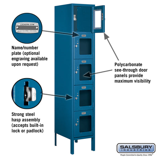 Salsbury 12" Wide Five Tier Box Style See-Through Metal Locker - 1 Wide - 5 Feet High - 15 Inches Deep - Blue - Unassembled - Sweatfully