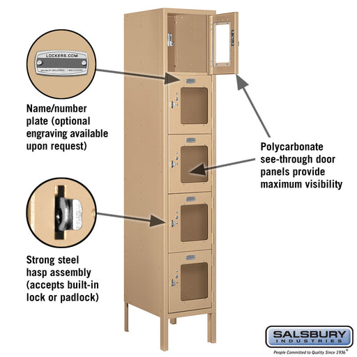 Salsbury 12" Wide Five Tier Box Style See-Through Metal Locker - 1 Wide - 5 Feet High - 15 Inches Deep - Tan - Assembled - Sweatfully