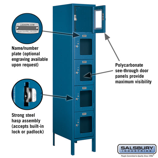 Salsbury 12" Wide Five Tier Box Style See-Through Metal Locker - 1 Wide - 5 Feet High - 18 Inches Deep - Blue - Assembled - Sweatfully
