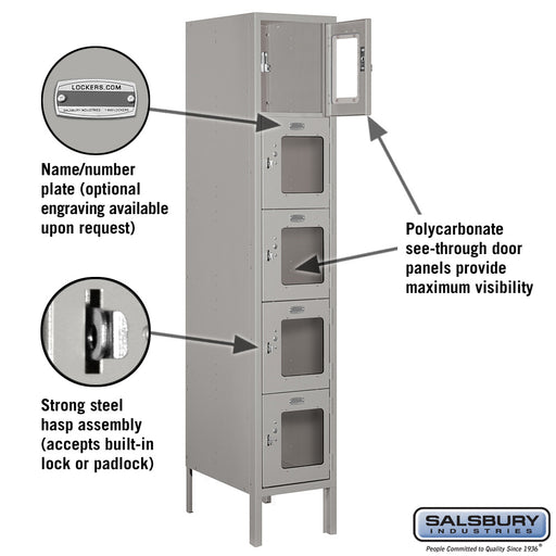 Salsbury 12" Wide Five Tier Box Style See-Through Metal Locker - 1 Wide - 5 Feet High - 18 Inches Deep - Gray - Assembled - Sweatfully