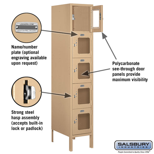 Salsbury 12" Wide Five Tier Box Style See-Through Metal Locker - 1 Wide - 5 Feet High - 18 Inches Deep - Tan - Unassembled - Sweatfully