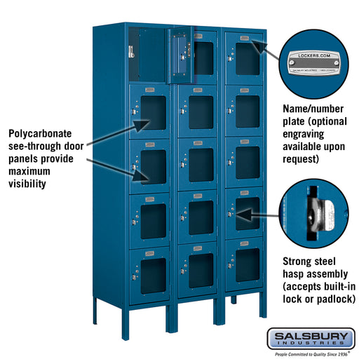 Salsbury 12" Wide Five Tier Box Style See-Through Metal Locker - 3 Wide - 5 Feet High - 12 Inches Deep - Blue - Assembled - Sweatfully
