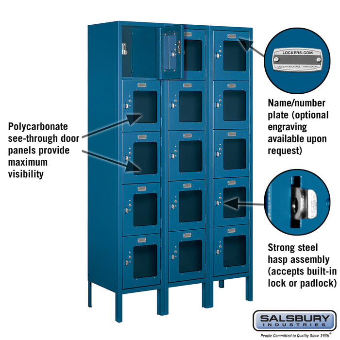 Salsbury 12" Wide Five Tier Box Style See-Through Metal Locker - 3 Wide - 5 Feet High - 12 Inches Deep - Blue - Unassembled - Sweatfully