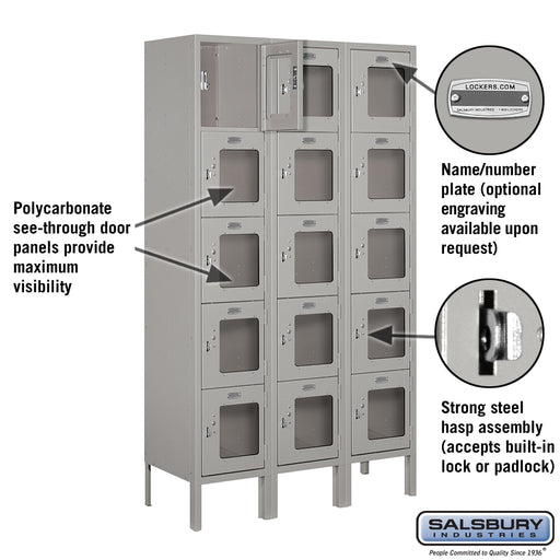 Salsbury 12" Wide Five Tier Box Style See-Through Metal Locker - 3 Wide - 5 Feet High - 12 Inches Deep - Gray - Unassembled - Sweatfully