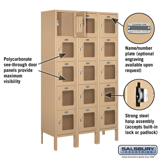 Salsbury 12" Wide Five Tier Box Style See-Through Metal Locker - 3 Wide - 5 Feet High - 12 Inches Deep - Tan - Assembled - Sweatfully