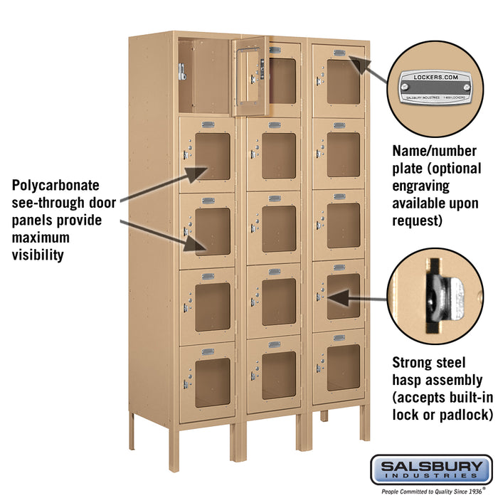 Salsbury 12" Wide Five Tier Box Style See-Through Metal Locker - 3 Wide - 5 Feet High - 12 Inches Deep - Tan - Assembled - Sweatfully