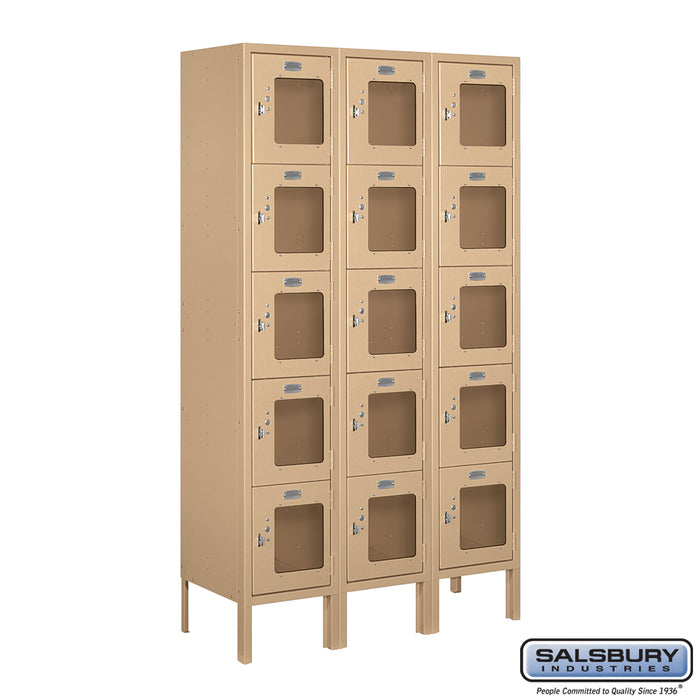 Salsbury 12" Wide Five Tier Box Style See-Through Metal Locker - 3 Wide - 5 Feet High - 12 Inches Deep - Tan - Assembled - Sweatfully