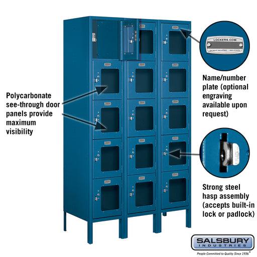 Salsbury 12" Wide Five Tier Box Style See-Through Metal Locker - 3 Wide - 5 Feet High - 15 Inches Deep - Blue - Assembled - Sweatfully