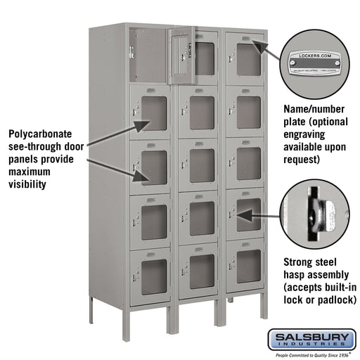 Salsbury 12" Wide Five Tier Box Style See-Through Metal Locker - 3 Wide - 5 Feet High - 15 Inches Deep - Gray - Unassembled - Sweatfully
