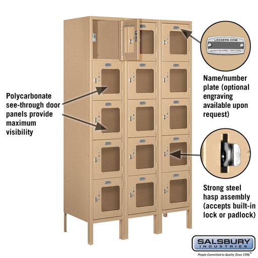 Salsbury 12" Wide Five Tier Box Style See-Through Metal Locker - 3 Wide - 5 Feet High - 15 Inches Deep - Tan - Unassembled - Sweatfully