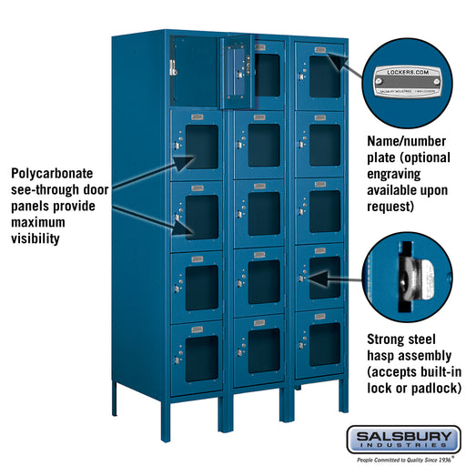 Salsbury 12" Wide Five Tier Box Style See-Through Metal Locker - 3 Wide - 5 Feet High - 18 Inches Deep - Blue - Assembled - Sweatfully