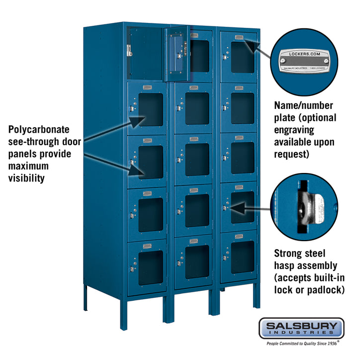 Salsbury 12" Wide Five Tier Box Style See-Through Metal Locker - 3 Wide - 5 Feet High - 18 Inches Deep - Blue - Unassembled - Sweatfully