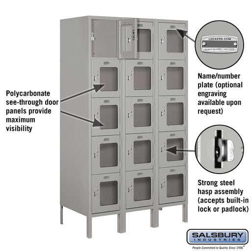 Salsbury 12" Wide Five Tier Box Style See-Through Metal Locker - 3 Wide - 5 Feet High - 18 Inches Deep - Gray - Unassembled - Sweatfully