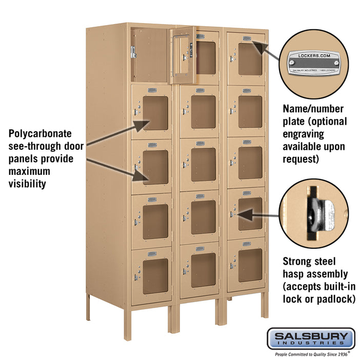 Salsbury 12" Wide Five Tier Box Style See-Through Metal Locker - 3 Wide - 5 Feet High - 18 Inches Deep - Tan - Assembled - Sweatfully