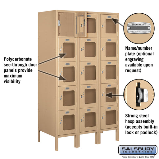 Salsbury 12" Wide Five Tier Box Style See-Through Metal Locker - 3 Wide - 5 Feet High - 18 Inches Deep - Tan - Unassembled - Sweatfully