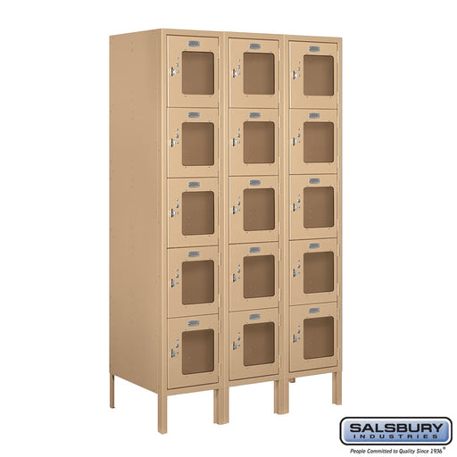 Salsbury 12" Wide Five Tier Box Style See-Through Metal Locker - 3 Wide - 5 Feet High - 18 Inches Deep - Tan - Unassembled - Sweatfully