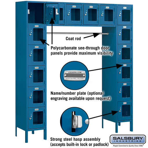 Salsbury 12" Wide Six Tier Box Style Bridge See-Through Metal Locker - 16 Box - 18 Inches Deep - Blue - Unassembled - Sweatfully
