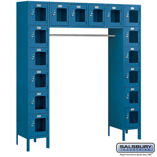 Salsbury 12" Wide Six Tier Box Style Bridge See-Through Metal Locker - 16 Box - 18 Inches Deep - Blue - Unassembled - Sweatfully