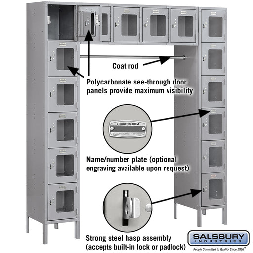 Salsbury 12" Wide Six Tier Box Style Bridge See-Through Metal Locker - 16 Box - 18 Inches Deep - Gray - Assembled - Sweatfully