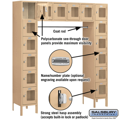 Salsbury 12" Wide Six Tier Box Style Bridge See-Through Metal Locker - 16 Box - 18 Inches Deep - Tan - Assembled - Sweatfully
