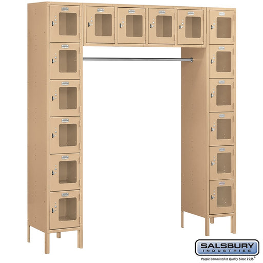 Salsbury 12" Wide Six Tier Box Style Bridge See-Through Metal Locker - 16 Box - 18 Inches Deep - Tan - Assembled - Sweatfully