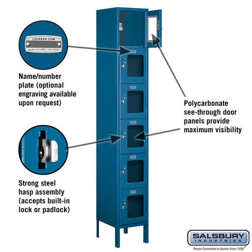 Salsbury 12" Wide Six Tier Box Style See-Through Metal Locker - 1 Wide - 6 Feet High - 12 Inches Deep - Blue - Unassembled - Sweatfully