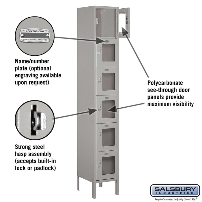 Salsbury 12" Wide Six Tier Box Style See-Through Metal Locker - 1 Wide - 6 Feet High - 12 Inches Deep - Gray - Unassembled - Sweatfully