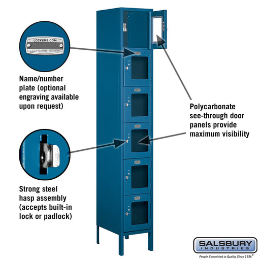 Salsbury 12" Wide Six Tier Box Style See-Through Metal Locker - 1 Wide - 6 Feet High - 15 Inches Deep - Blue - Unassembled - Sweatfully