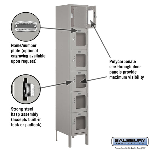 Salsbury 12" Wide Six Tier Box Style See-Through Metal Locker - 1 Wide - 6 Feet High - 15 Inches Deep - Gray - Unassembled - Sweatfully