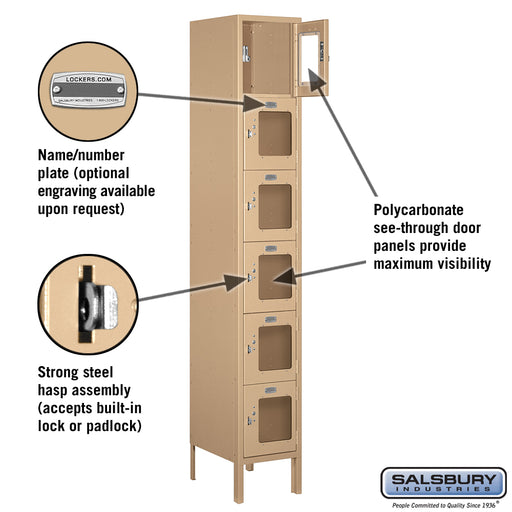 Salsbury 12" Wide Six Tier Box Style See-Through Metal Locker - 1 Wide - 6 Feet High - 15 Inches Deep - Tan - Assembled - Sweatfully