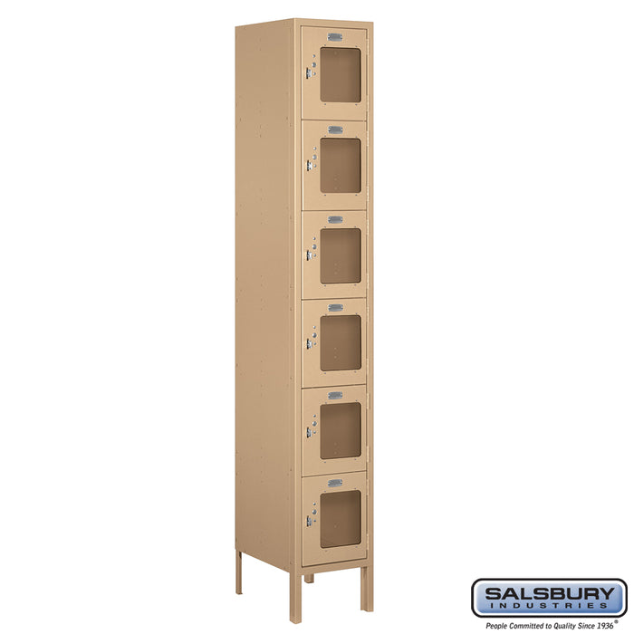 Salsbury 12" Wide Six Tier Box Style See-Through Metal Locker - 1 Wide - 6 Feet High - 15 Inches Deep - Tan - Assembled - Sweatfully