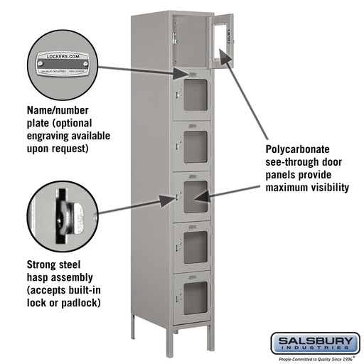 Salsbury 12" Wide Six Tier Box Style See-Through Metal Locker - 1 Wide - 6 Feet High - 18 Inches Deep - Gray - Assembled - Sweatfully