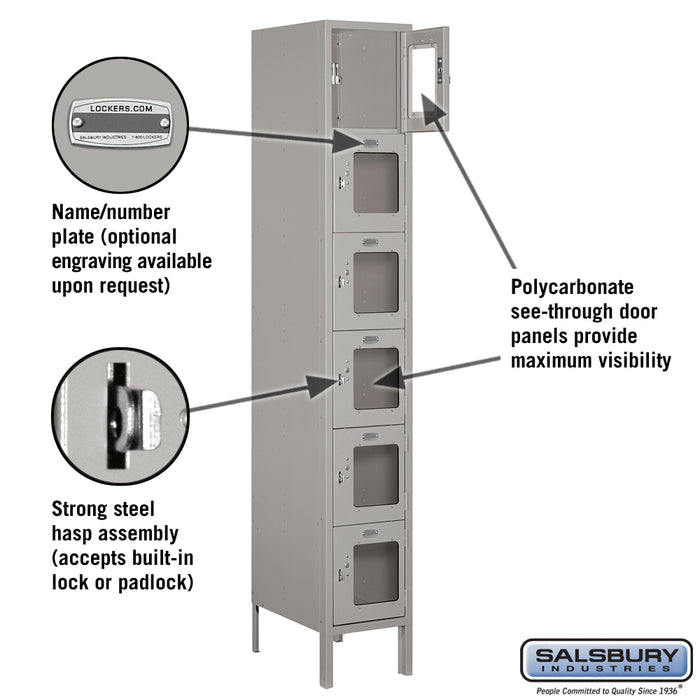 Salsbury 12" Wide Six Tier Box Style See-Through Metal Locker - 1 Wide - 6 Feet High - 18 Inches Deep - Gray - Unassembled - Sweatfully