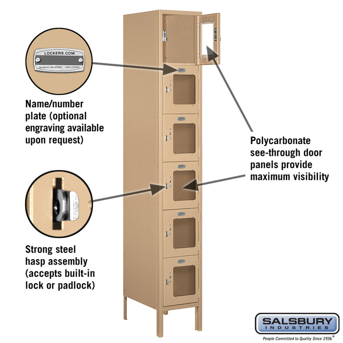 Salsbury 12" Wide Six Tier Box Style See-Through Metal Locker - 1 Wide - 6 Feet High - 18 Inches Deep - Tan - Assembled - Sweatfully