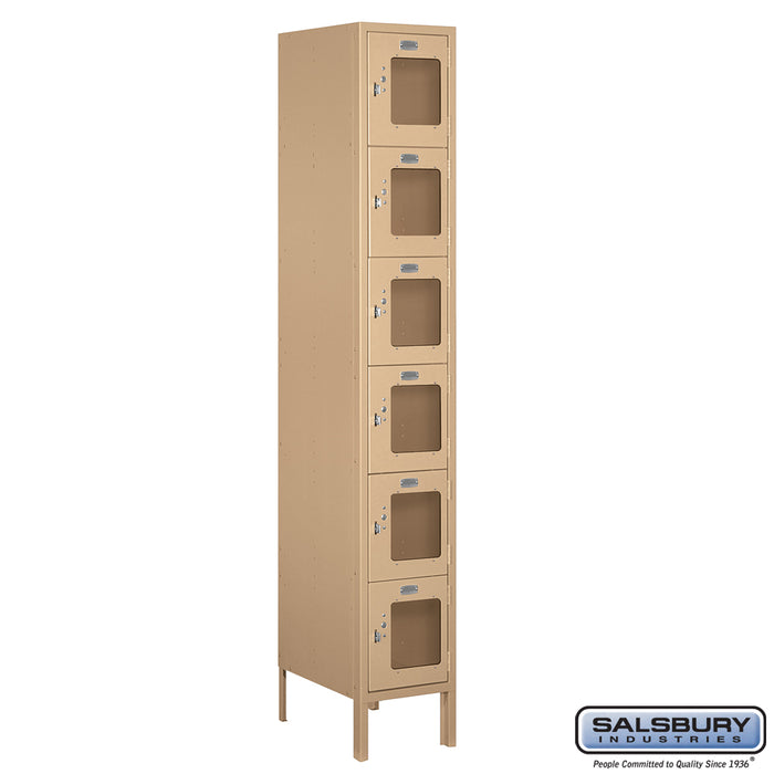 Salsbury 12" Wide Six Tier Box Style See-Through Metal Locker - 1 Wide - 6 Feet High - 18 Inches Deep - Tan - Assembled - Sweatfully