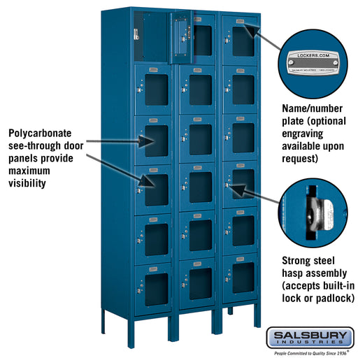 Salsbury 12" Wide Six Tier Box Style See-Through Metal Locker - 3 Wide - 6 Feet High - 12 Inches Deep - Blue - Assembled - Sweatfully