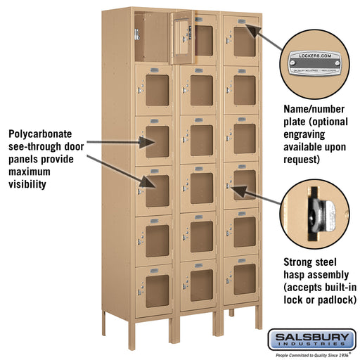 Salsbury 12" Wide Six Tier Box Style See-Through Metal Locker - 3 Wide - 6 Feet High - 12 Inches Deep - Tan - Assembled - Sweatfully