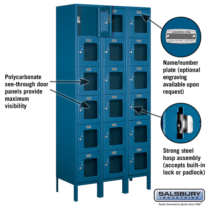 Salsbury 12" Wide Six Tier Box Style See-Through Metal Locker - 3 Wide - 6 Feet High - 15 Inches Deep - Blue - Assembled - Sweatfully