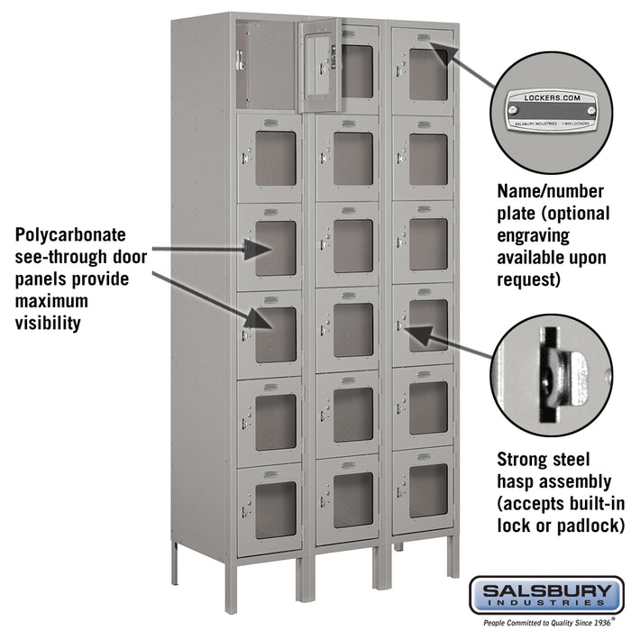 Salsbury 12" Wide Six Tier Box Style See-Through Metal Locker - 3 Wide - 6 Feet High - 15 Inches Deep - Gray - Assembled - Sweatfully