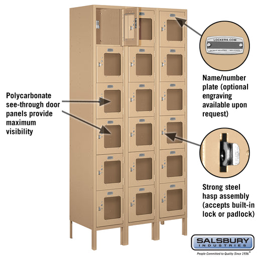 Salsbury 12" Wide Six Tier Box Style See-Through Metal Locker - 3 Wide - 6 Feet High - 15 Inches Deep - Tan - Assembled - Sweatfully
