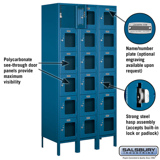Salsbury 12" Wide Six Tier Box Style See-Through Metal Locker - 3 Wide - 6 Feet High - 18 Inches Deep - Blue - Assembled - Sweatfully