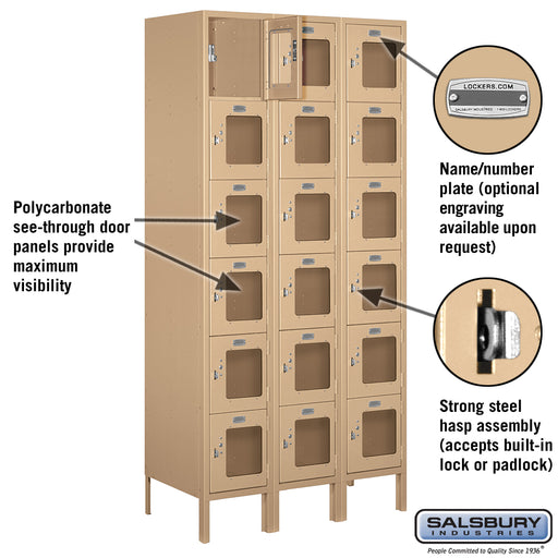 Salsbury 12" Wide Six Tier Box Style See-Through Metal Locker - 3 Wide - 6 Feet High - 18 Inches Deep - Tan - Assembled - Sweatfully