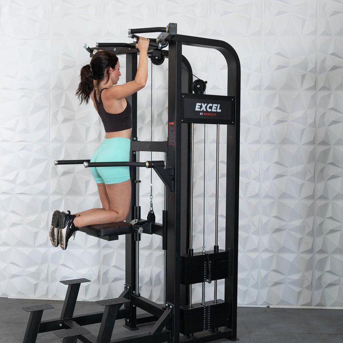 Excel Selectorized Assisted Chin / Dip Combo - Functional Handles - Collapsable Knee Pad - Adjustable Width Dip Bars - Sweatfully