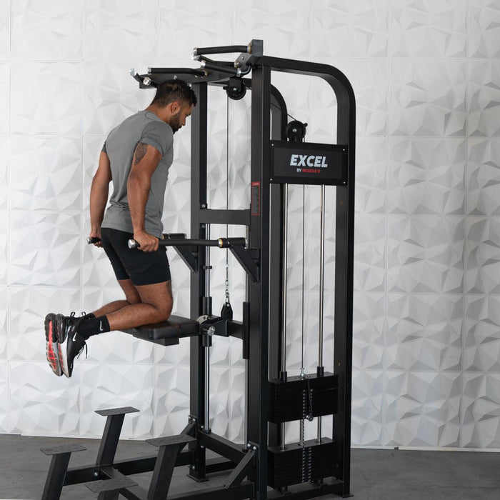 Excel Selectorized Assisted Chin / Dip Combo - Functional Handles - Collapsable Knee Pad - Adjustable Width Dip Bars - Sweatfully