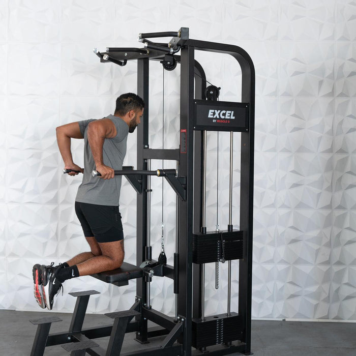 Excel Selectorized Assisted Chin / Dip Combo - Functional Handles - Collapsable Knee Pad - Adjustable Width Dip Bars - Sweatfully