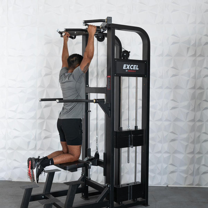 Excel Selectorized Assisted Chin / Dip Combo - Functional Handles - Collapsable Knee Pad - Adjustable Width Dip Bars - Sweatfully