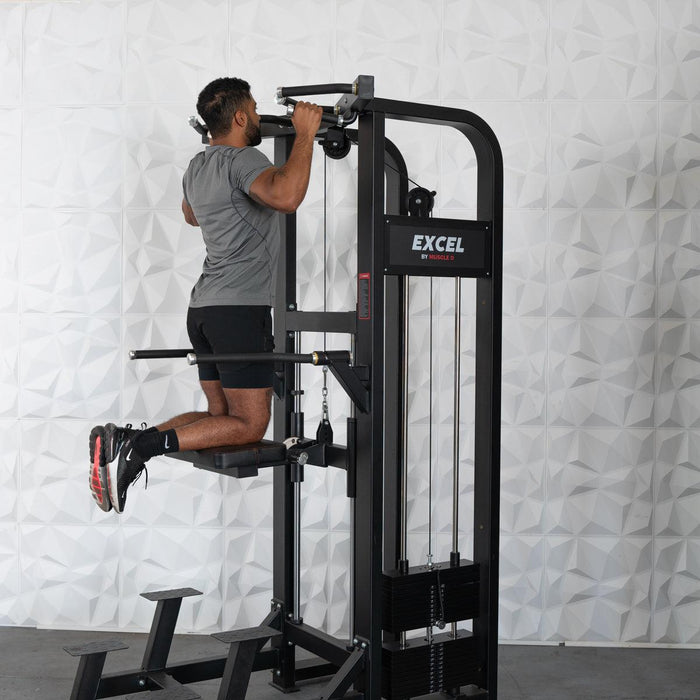 Excel Selectorized Assisted Chin / Dip Combo - Functional Handles - Collapsable Knee Pad - Adjustable Width Dip Bars - Sweatfully
