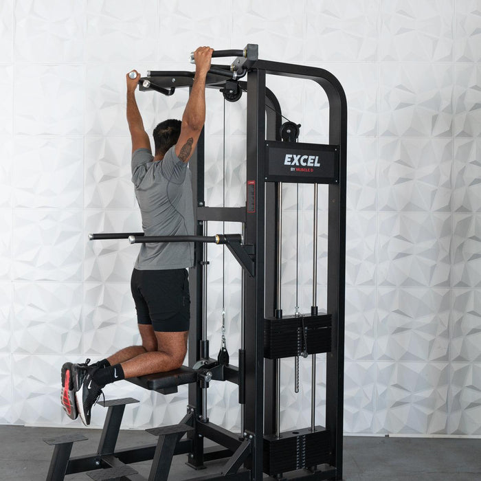 Excel Selectorized Assisted Chin / Dip Combo - Functional Handles - Collapsable Knee Pad - Adjustable Width Dip Bars - Sweatfully