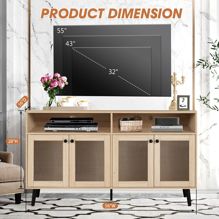 Evans 56 Inch Mid-Century Modern TV Stand with Open Shelves and Cabinets for Living Room, Bedroom - Sweatfully