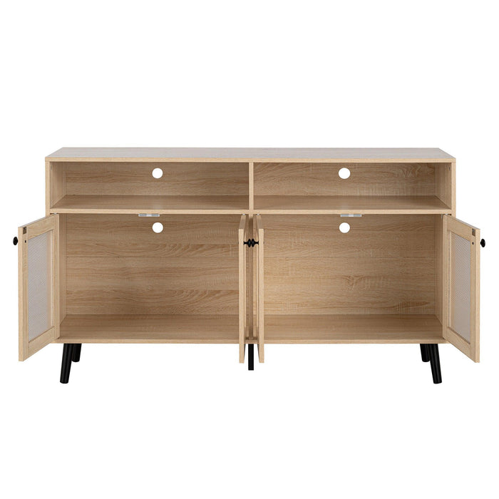 Evans 56 Inch Mid-Century Modern TV Stand with Open Shelves and Cabinets for Living Room, Bedroom - Sweatfully